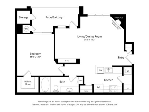 Floor plan for 1 bed, 1 bath, 796 sqft